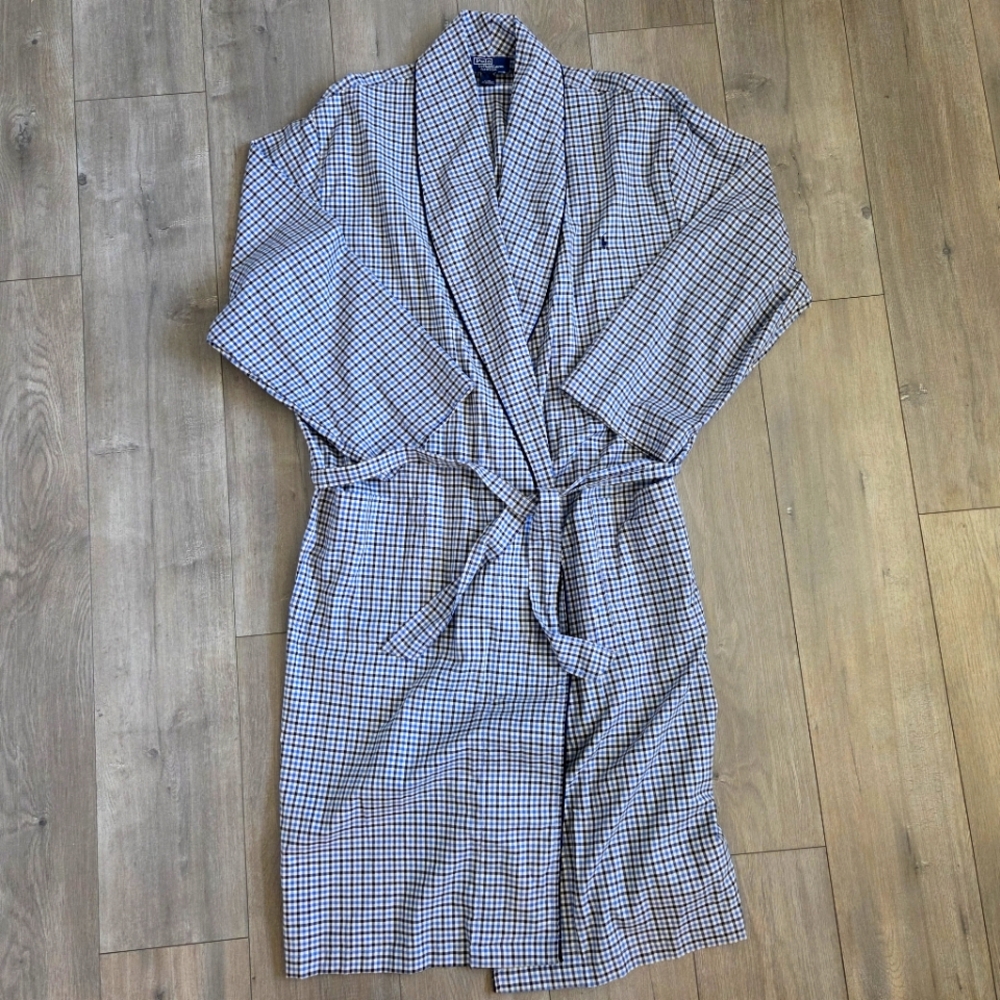 Polo Ralph Lauren Blue Gingham Check Robe Belt Pockets Mens L/XL Classic Cotton